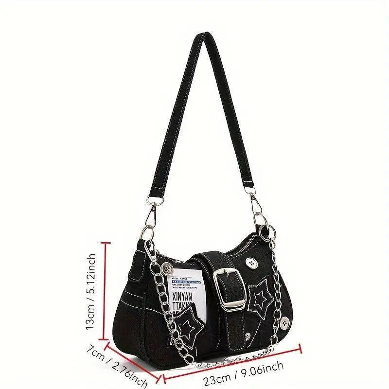 Chic Y2K Denim Shoulder Bag with Star Accents, Secure Zip Closure & Durable Polyester Lining - Fashionable Chain Detail, Embroidered Design, Lightweight - 23.01x7.01x13.0 cm - Tophatter Daily Deals