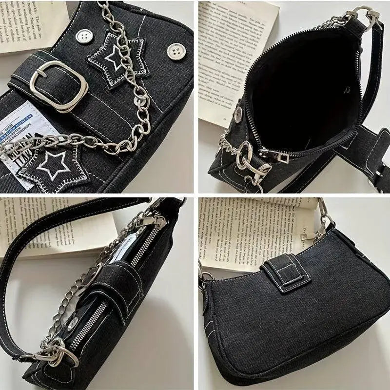 Chic Y2K Denim Shoulder Bag with Star Accents, Secure Zip Closure & Durable Polyester Lining - Fashionable Chain Detail, Embroidered Design, Lightweight - 23.01x7.01x13.0 cm - Tophatter Daily Deals