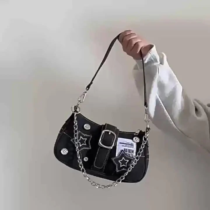 Chic Y2K Denim Shoulder Bag with Star Accents, Secure Zip Closure & Durable Polyester Lining - Fashionable Chain Detail, Embroidered Design, Lightweight - 23.01x7.01x13.0 cm - Tophatter Daily Deals