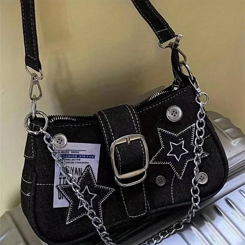 Chic Y2K Denim Shoulder Bag with Star Accents, Secure Zip Closure & Durable Polyester Lining - Fashionable Chain Detail, Embroidered Design, Lightweight - 23.01x7.01x13.0 cm Black - Tophatter Daily Deals