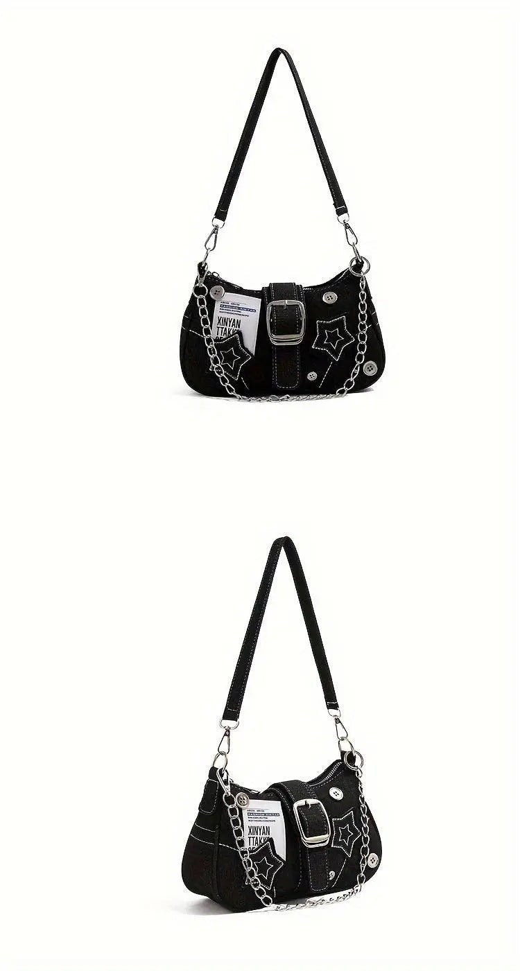 Chic Y2K Denim Shoulder Bag with Star Accents, Secure Zip Closure & Durable Polyester Lining - Fashionable Chain Detail, Embroidered Design, Lightweight - 23.01x7.01x13.0 cm - Tophatter Daily Deals