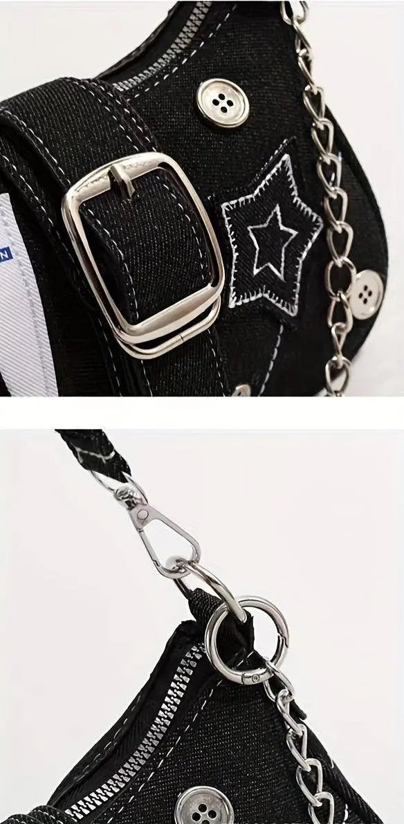 Chic Y2K Denim Shoulder Bag with Star Accents, Secure Zip Closure & Durable Polyester Lining - Fashionable Chain Detail, Embroidered Design, Lightweight - 23.01x7.01x13.0 cm - Tophatter Daily Deals