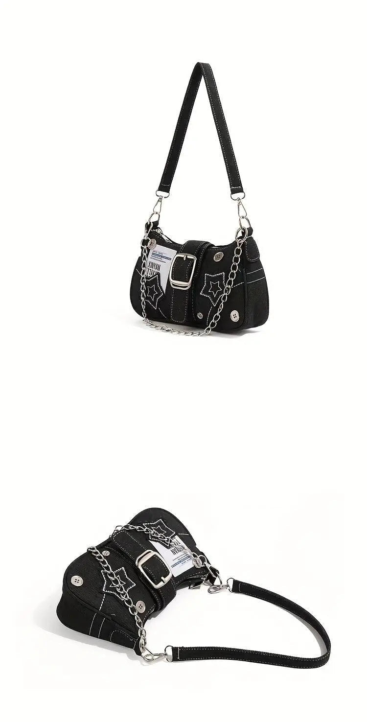 Chic Y2K Denim Shoulder Bag with Star Accents, Secure Zip Closure & Durable Polyester Lining - Fashionable Chain Detail, Embroidered Design, Lightweight - 23.01x7.01x13.0 cm - Tophatter Daily Deals