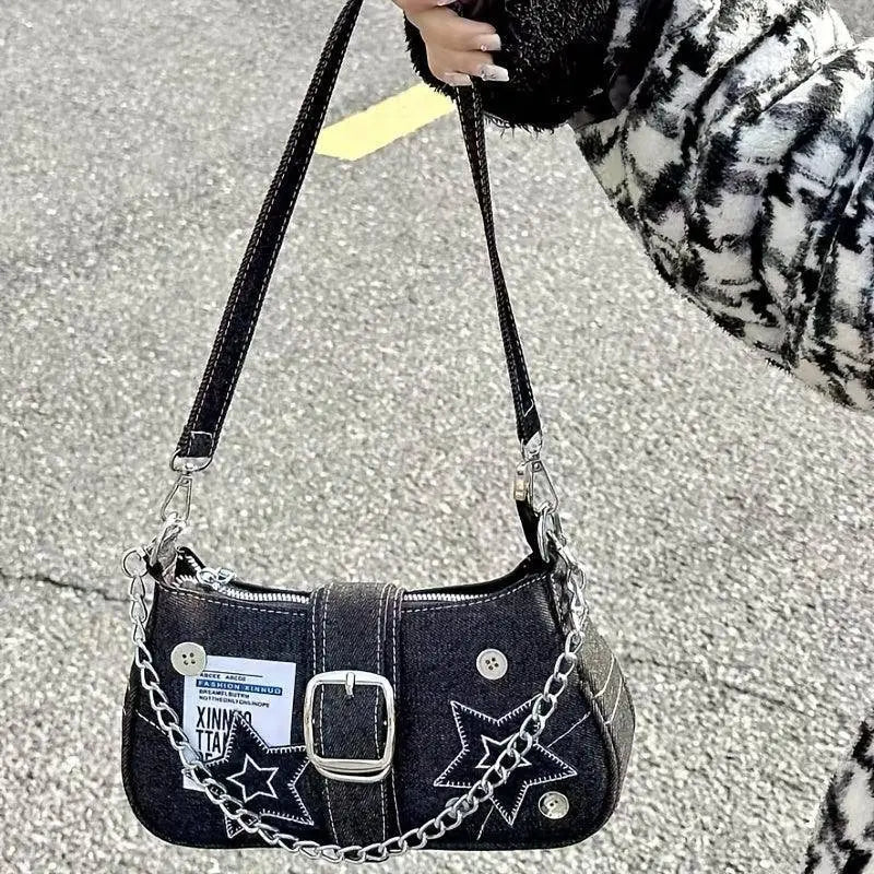 Chic Y2K Denim Shoulder Bag with Star Accents, Secure Zip Closure & Durable Polyester Lining - Fashionable Chain Detail, Embroidered Design, Lightweight - 23.01x7.01x13.0 cm - Tophatter Daily Deals