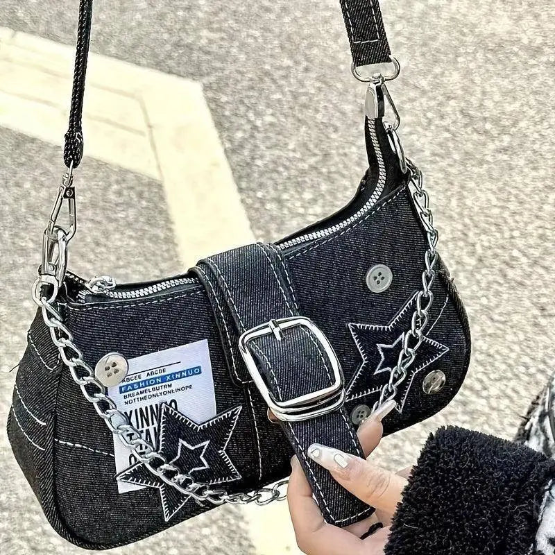 Chic Y2K Denim Shoulder Bag with Star Accents, Secure Zip Closure & Durable Polyester Lining - Fashionable Chain Detail, Embroidered Design, Lightweight - 23.01x7.01x13.0 cm - Tophatter Daily Deals