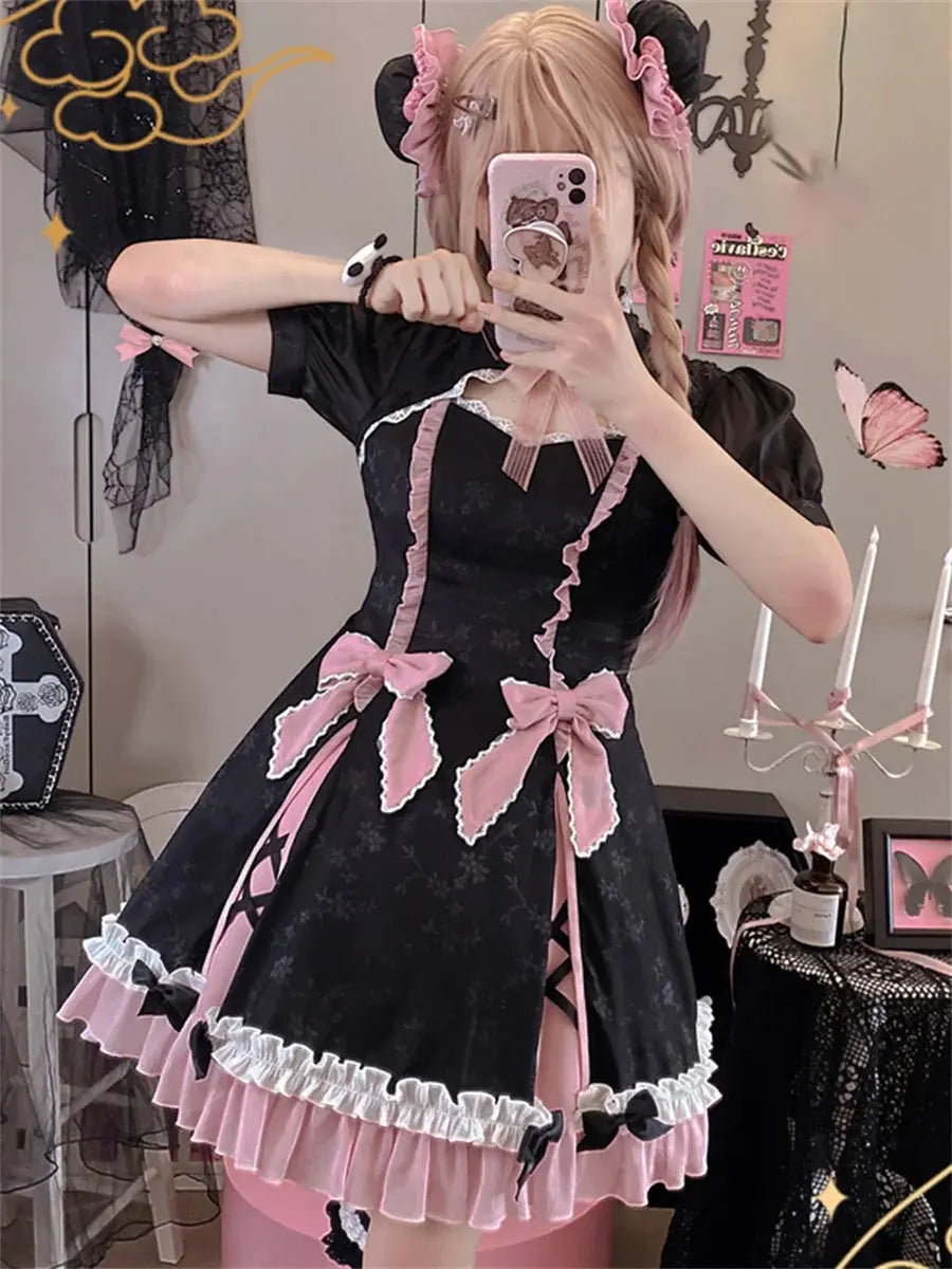 Chinese Style Sweet Girl Lolita Op Cheongsam Lovely Lace Bow Print Cherry Blossom Pearl Button Bubble Sleeve Ruffled Dress - Tophatter Daily Deals