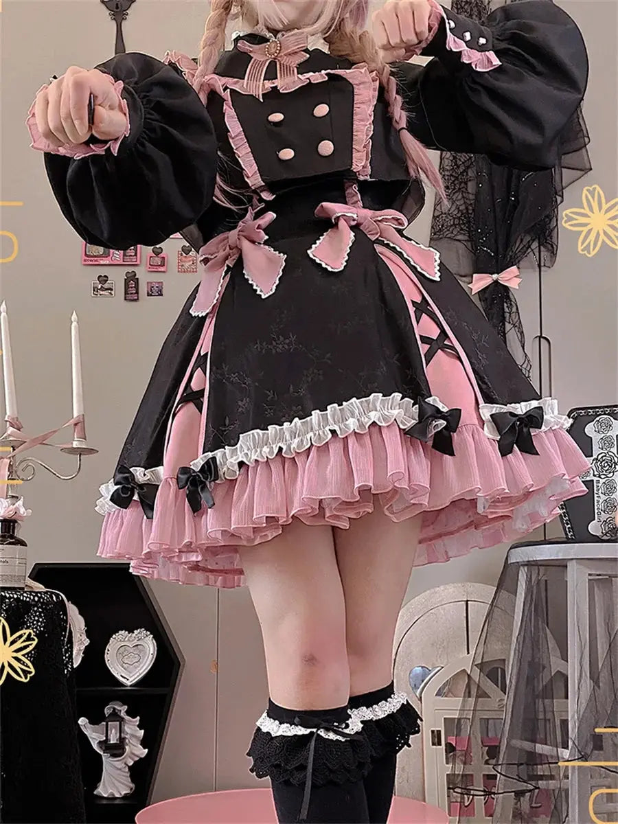 Chinese Style Sweet Girl Lolita Op Cheongsam Lovely Lace Bow Print Cherry Blossom Pearl Button Bubble Sleeve Ruffled Dress - Tophatter Daily Deals