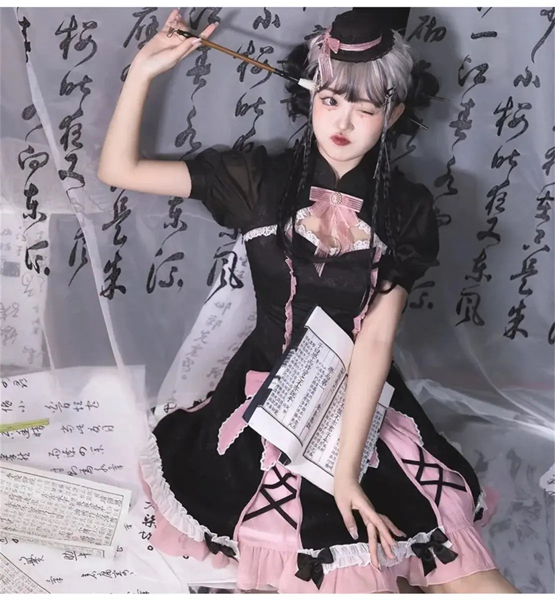 Chinese Style Sweet Girl Lolita Op Cheongsam Lovely Lace Bow Print Cherry Blossom Pearl Button Bubble Sleeve Ruffled Dress - Tophatter Daily Deals
