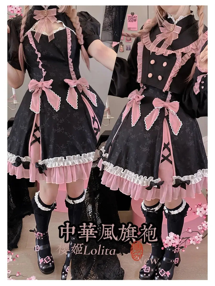 Chinese Style Sweet Girl Lolita Op Cheongsam Lovely Lace Bow Print Cherry Blossom Pearl Button Bubble Sleeve Ruffled Dress - Tophatter Daily Deals