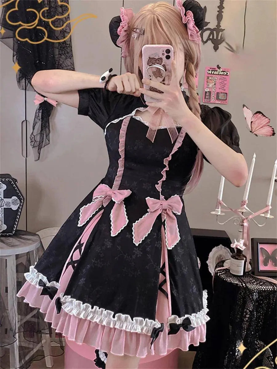 Chinese Style Sweet Girl Lolita Op Cheongsam Lovely Lace Bow Print Cherry Blossom Pearl Button Bubble Sleeve Ruffled Dress - Tophatter Daily Deals