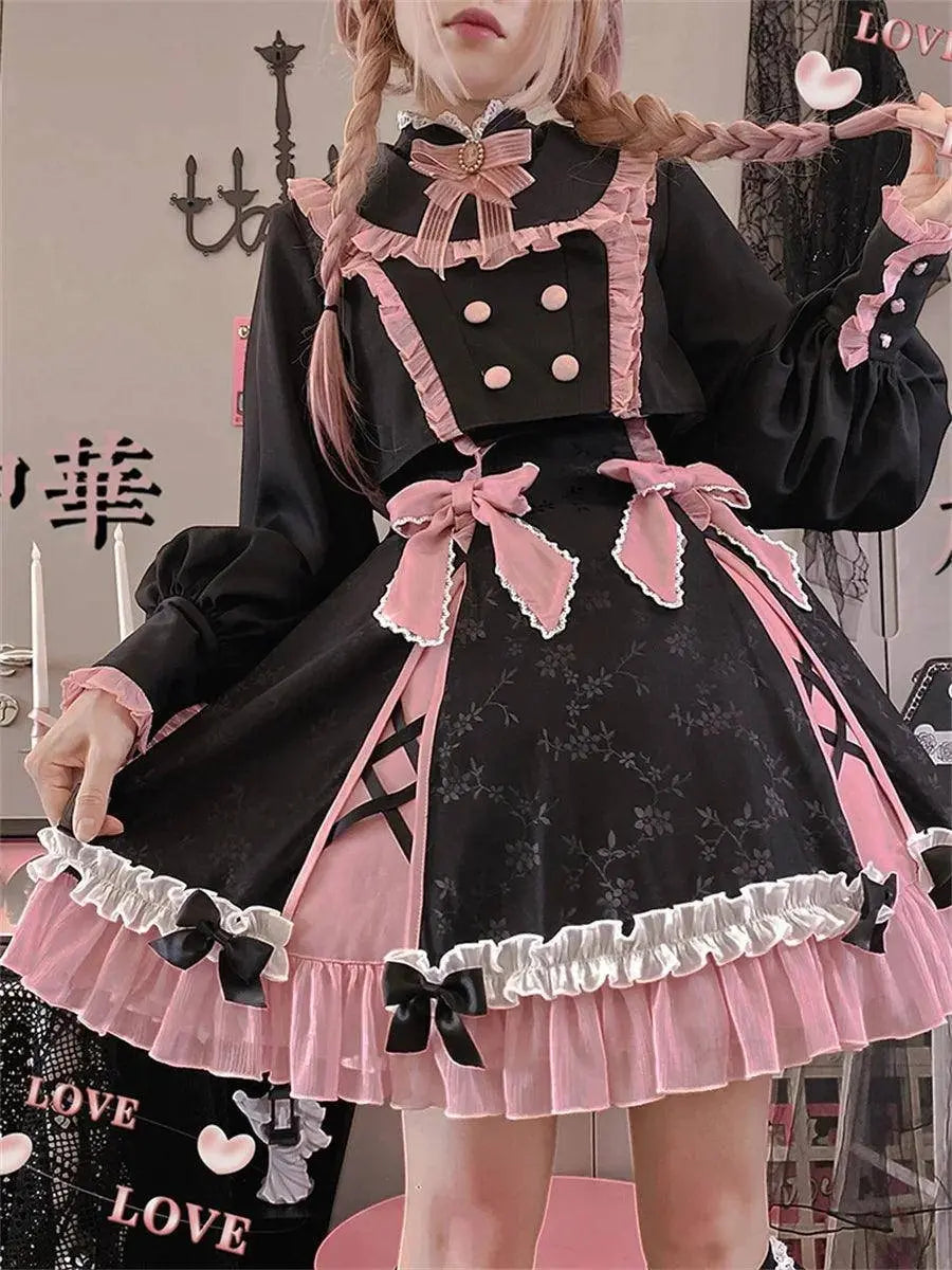 Chinese Style Sweet Girl Lolita Op Cheongsam Lovely Lace Bow Print Cherry Blossom Pearl Button Bubble Sleeve Ruffled Dress - Tophatter Daily Deals