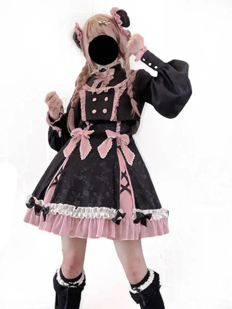 Chinese Style Sweet Girl Lolita Op Cheongsam Lovely Lace Bow Print Cherry Blossom Pearl Button Bubble Sleeve Ruffled Dress only OP and top CHINA - Tophatter Daily Deals