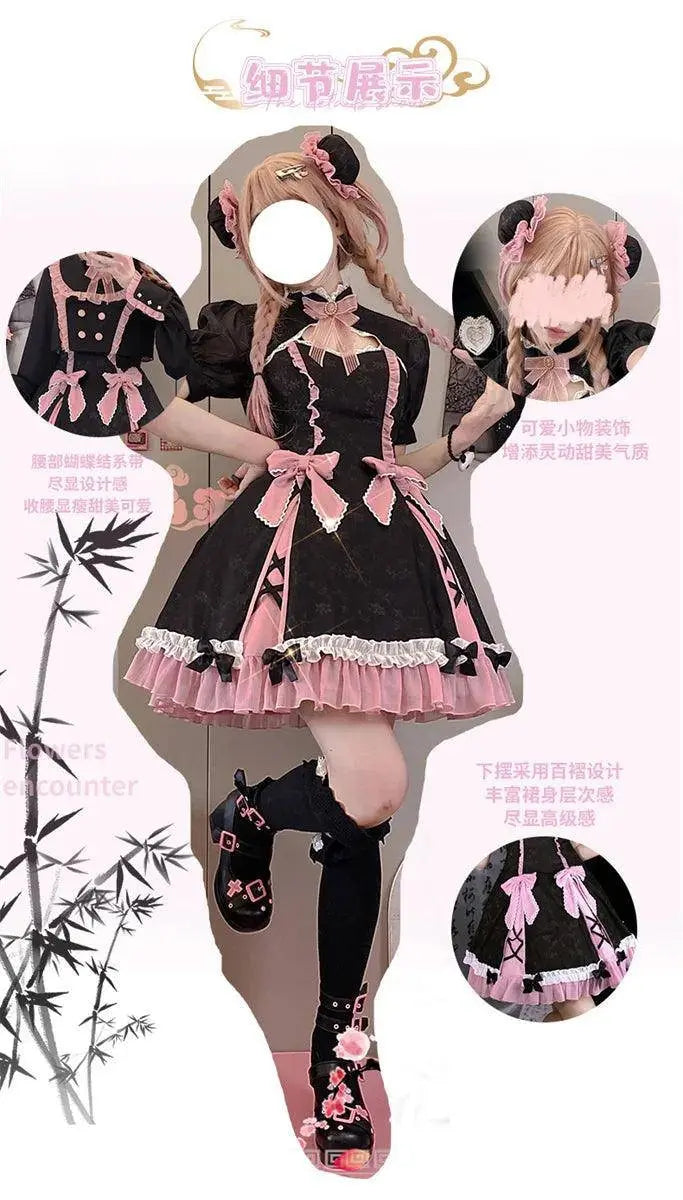 Chinese Style Sweet Girl Lolita Op Cheongsam Lovely Lace Bow Print Cherry Blossom Pearl Button Bubble Sleeve Ruffled Dress - Tophatter Daily Deals