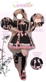 Chinese Style Sweet Girl Lolita Op Cheongsam Lovely Lace Bow Print Cherry Blossom Pearl Button Bubble Sleeve Ruffled Dress - Tophatter Daily Deals