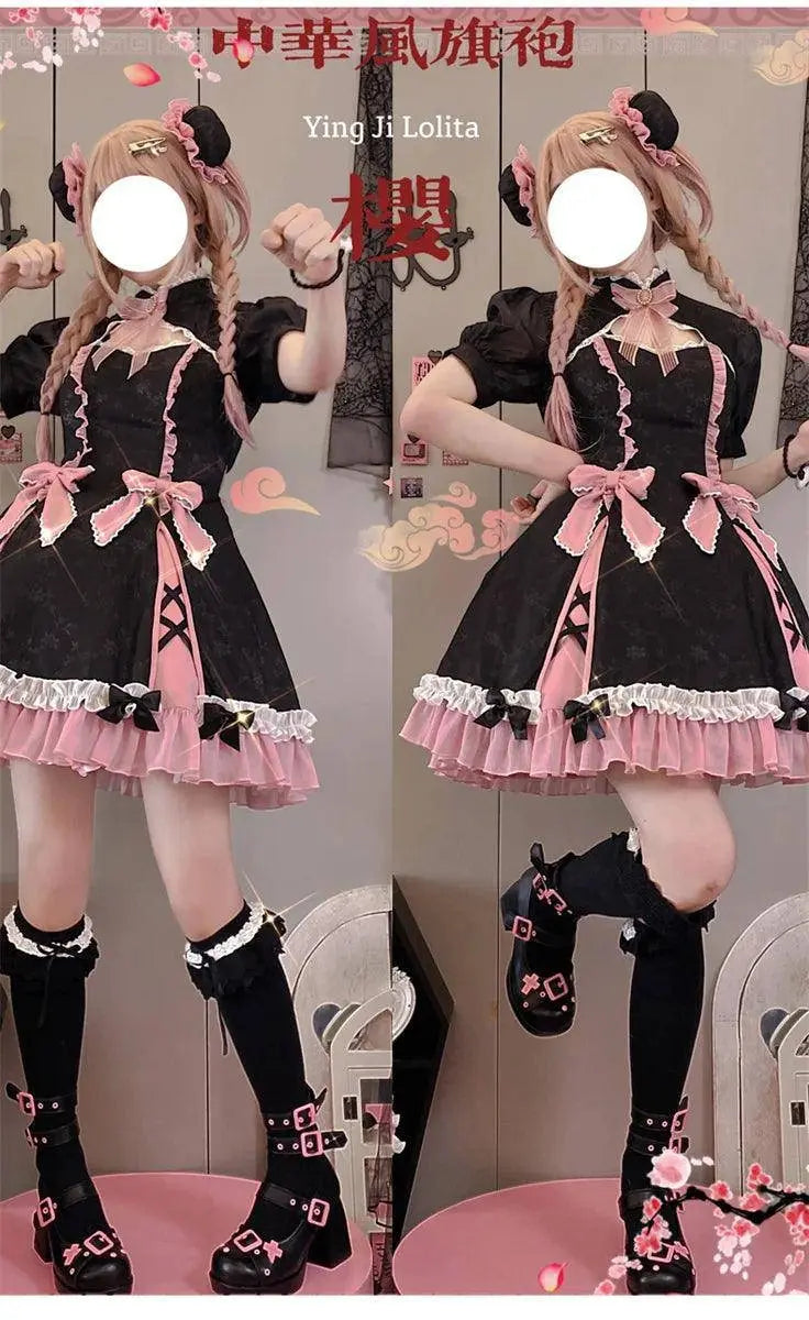 Chinese Style Sweet Girl Lolita Op Cheongsam Lovely Lace Bow Print Cherry Blossom Pearl Button Bubble Sleeve Ruffled Dress - Tophatter Daily Deals