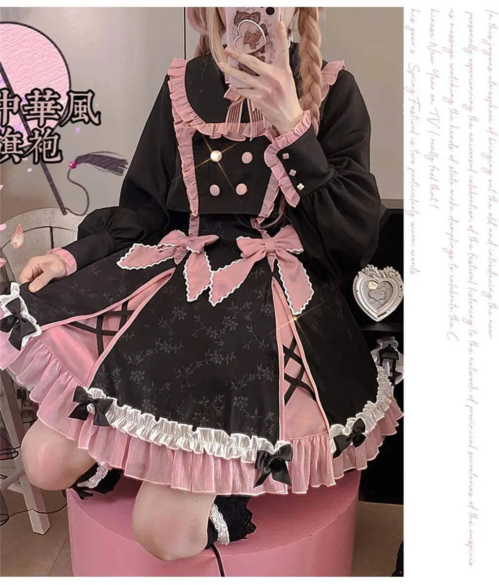 Chinese Style Sweet Girl Lolita Op Cheongsam Lovely Lace Bow Print Cherry Blossom Pearl Button Bubble Sleeve Ruffled Dress - Tophatter Daily Deals