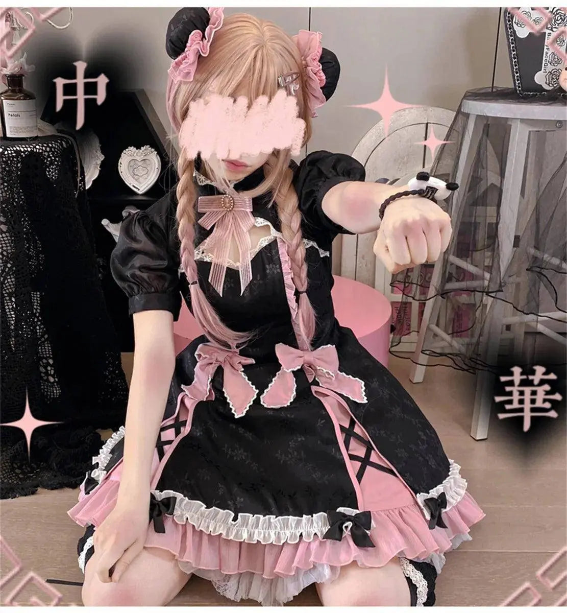 Chinese Style Sweet Girl Lolita Op Cheongsam Lovely Lace Bow Print Cherry Blossom Pearl Button Bubble Sleeve Ruffled Dress - Tophatter Daily Deals