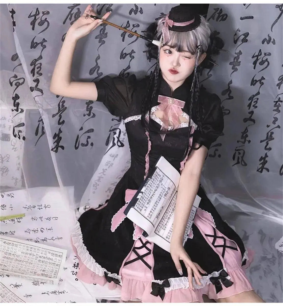 Chinese Style Sweet Girl Lolita Op Cheongsam Lovely Lace Bow Print Cherry Blossom Pearl Button Bubble Sleeve Ruffled Dress - Tophatter Daily Deals