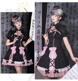 Chinese Style Sweet Girl Lolita Op Cheongsam Lovely Lace Bow Print Cherry Blossom Pearl Button Bubble Sleeve Ruffled Dress - Tophatter Daily Deals