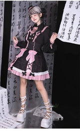 Chinese Style Sweet Girl Lolita Op Cheongsam Lovely Lace Bow Print Cherry Blossom Pearl Button Bubble Sleeve Ruffled Dress - Tophatter Daily Deals