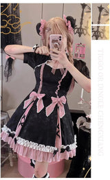 Chinese Style Sweet Girl Lolita Op Cheongsam Lovely Lace Bow Print Cherry Blossom Pearl Button Bubble Sleeve Ruffled Dress - Tophatter Daily Deals