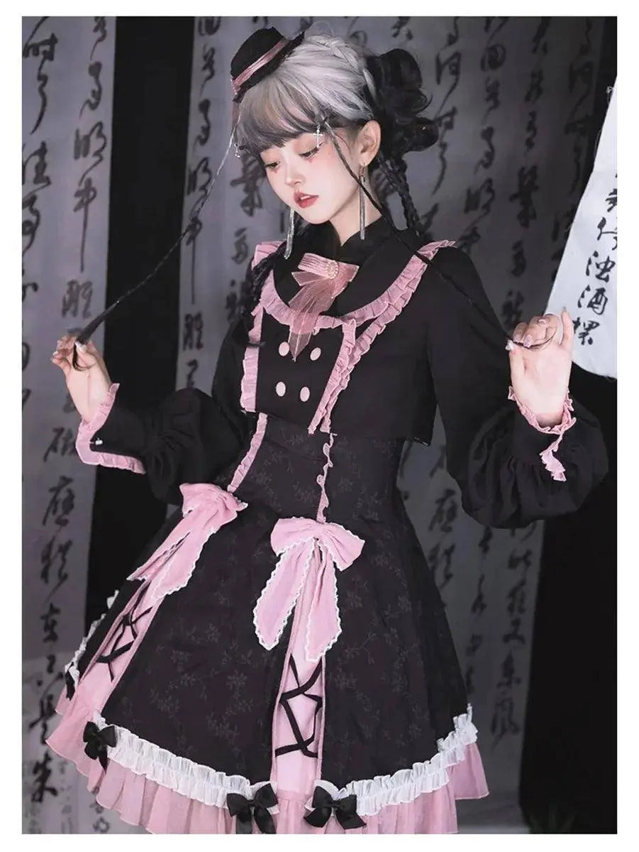 Chinese Style Sweet Girl Lolita Op Cheongsam Lovely Lace Bow Print Cherry Blossom Pearl Button Bubble Sleeve Ruffled Dress - Tophatter Daily Deals