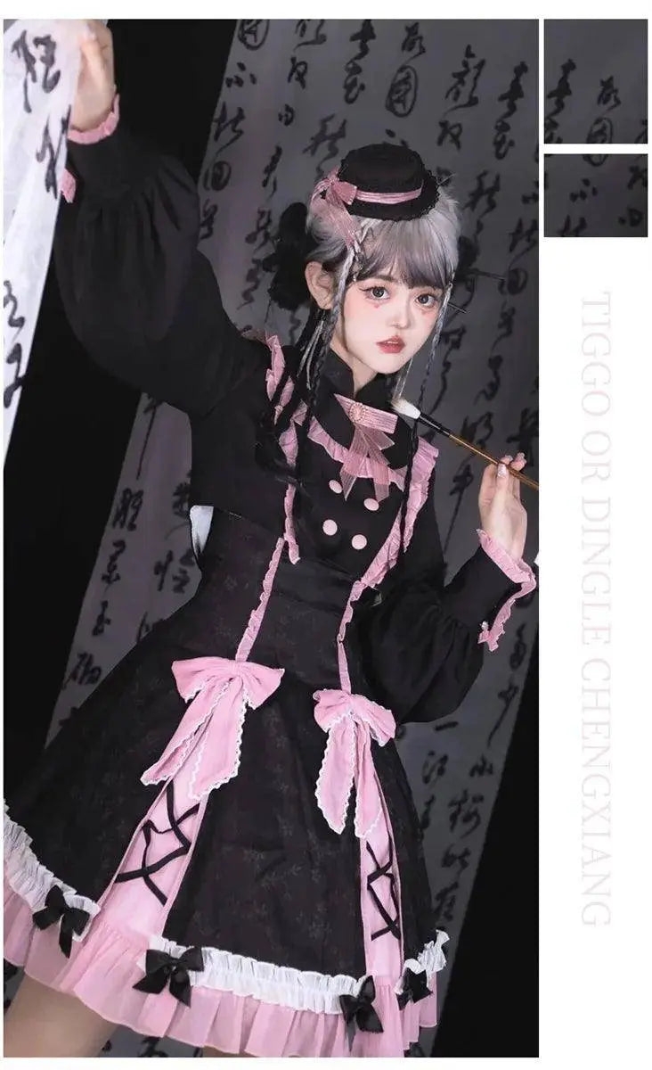 Chinese Style Sweet Girl Lolita Op Cheongsam Lovely Lace Bow Print Cherry Blossom Pearl Button Bubble Sleeve Ruffled Dress - Tophatter Daily Deals