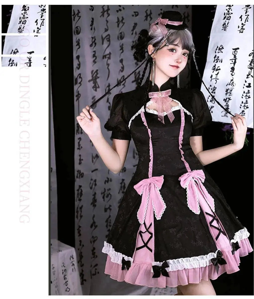 Chinese Style Sweet Girl Lolita Op Cheongsam Lovely Lace Bow Print Cherry Blossom Pearl Button Bubble Sleeve Ruffled Dress - Tophatter Daily Deals