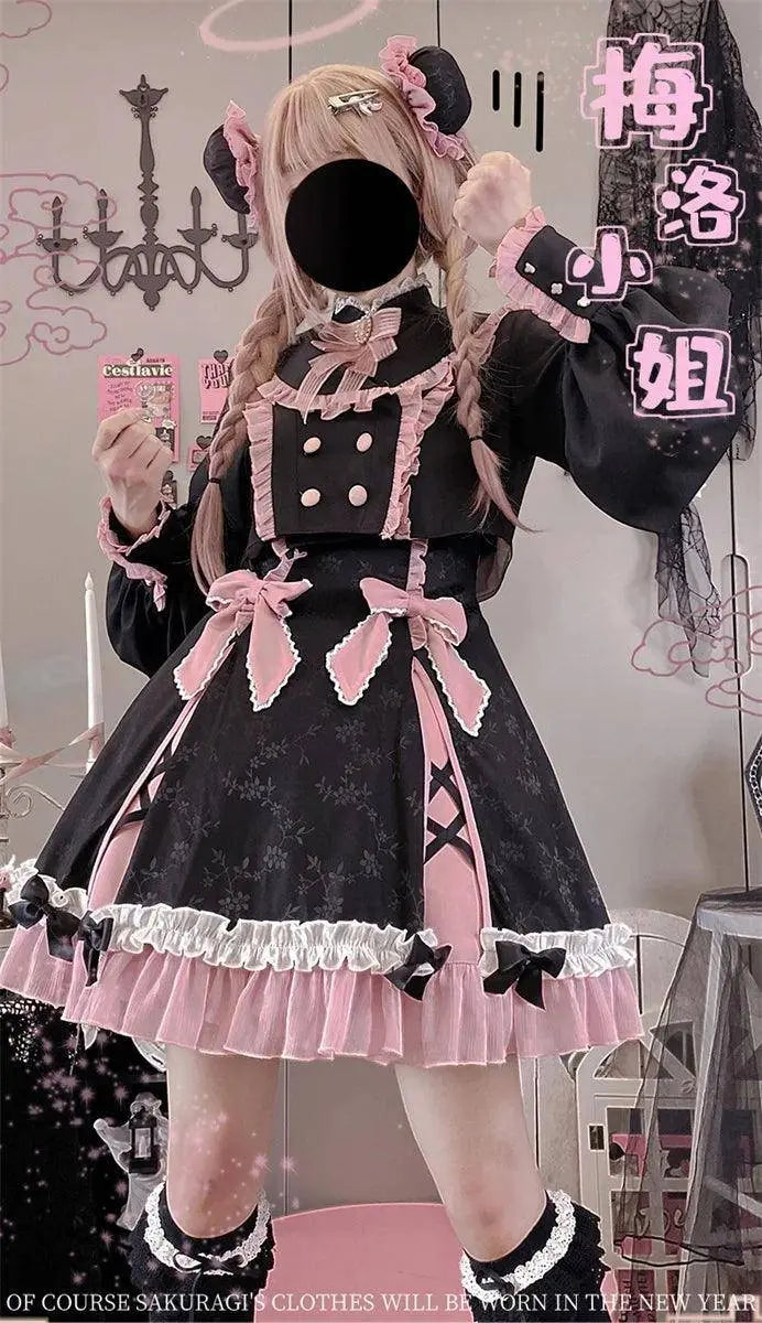 Chinese Style Sweet Girl Lolita Op Cheongsam Lovely Lace Bow Print Cherry Blossom Pearl Button Bubble Sleeve Ruffled Dress - Tophatter Daily Deals