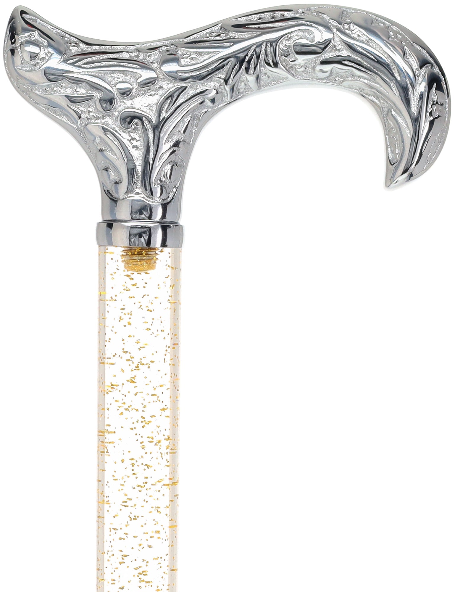 Crystal Elegance Chrome Derby Cane with Invisible Acrylic Shaft Options Gold Shimmer Sparkles Clear Lucite Walking Canes - Tophatter Daily Deals