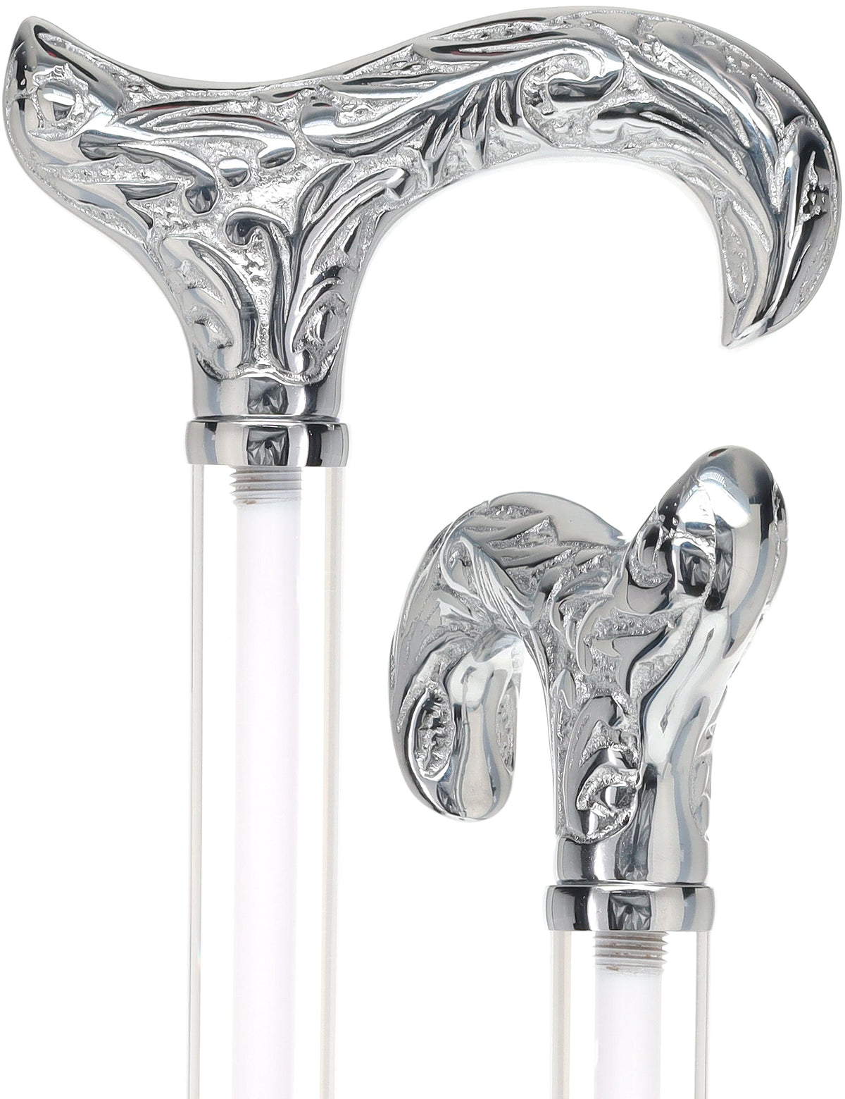 Flame Crystal Elegance Chrome Derby Cane with Invisible Acrylic Shaft Options Clear Lucite Walking Canes - Tophatter Daily Deals
