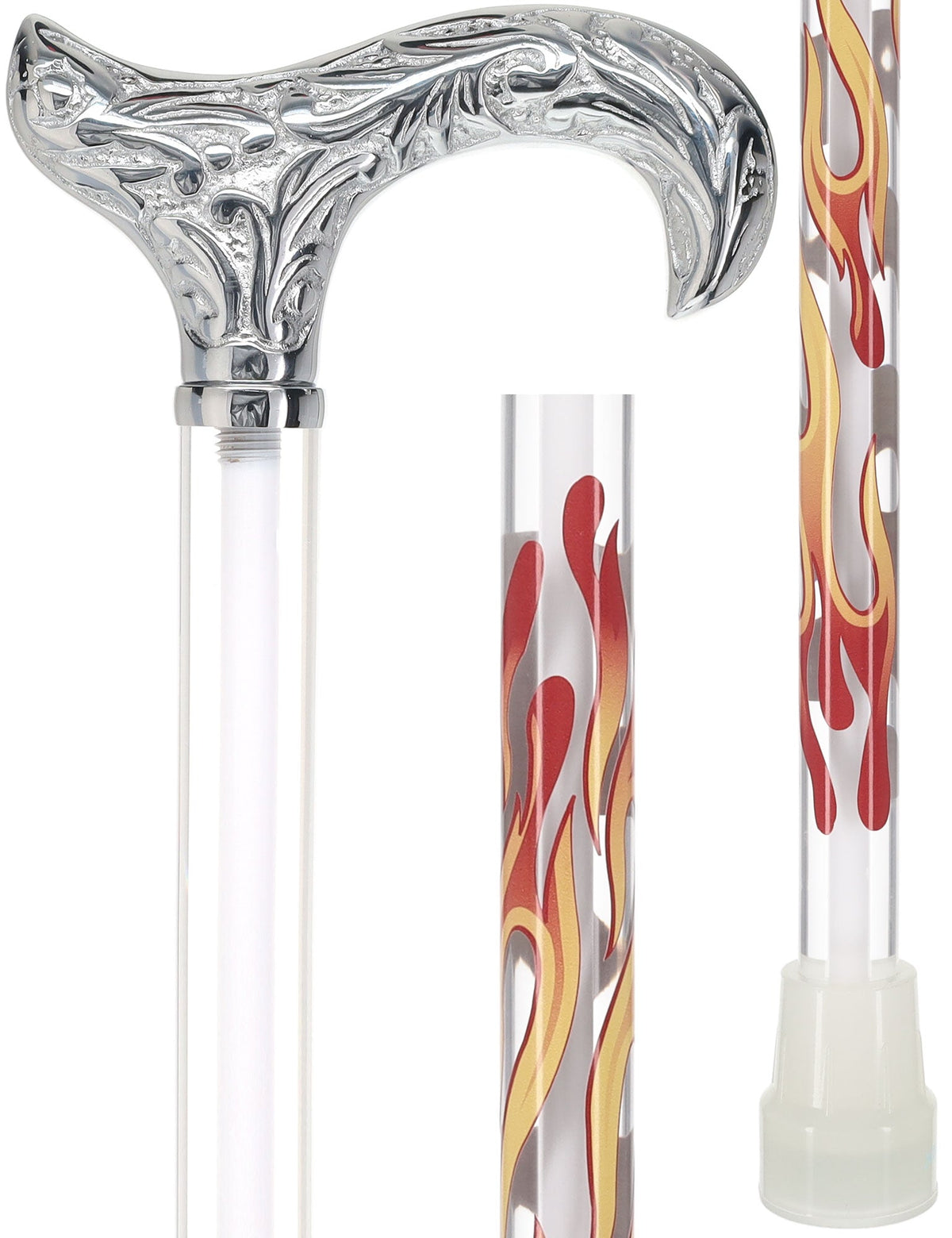 Flame Crystal Elegance Chrome Derby Cane with Invisible Acrylic Shaft Options Porcelain In Ice Clear Lucite Walking Canes - Tophatter Daily Deals