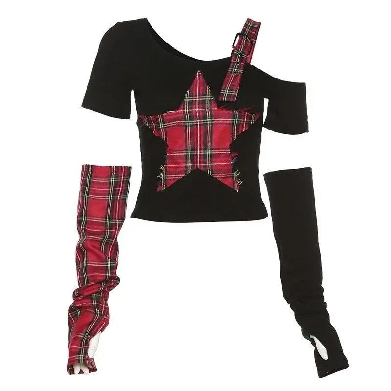 Classic Asymmetrical Women's Grunge Punk Arm Gloves Cold Shoulder Red Star Pattern Black Crop Top Y2k E-girl T-shirt Black S - Tophatter Daily Deals
