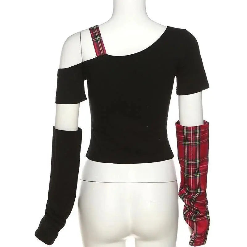 Classic Asymmetrical Women's Grunge Punk Arm Gloves Cold Shoulder Red Star Pattern Black Crop Top Y2k E-girl T-shirt - Tophatter Daily Deals