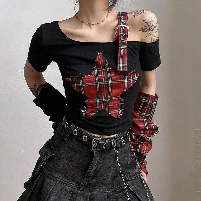 Classic Asymmetrical Women's Grunge Punk Arm Gloves Cold Shoulder Red Star Pattern Black Crop Top Y2k E-girl T-shirt - Tophatter Daily Deals