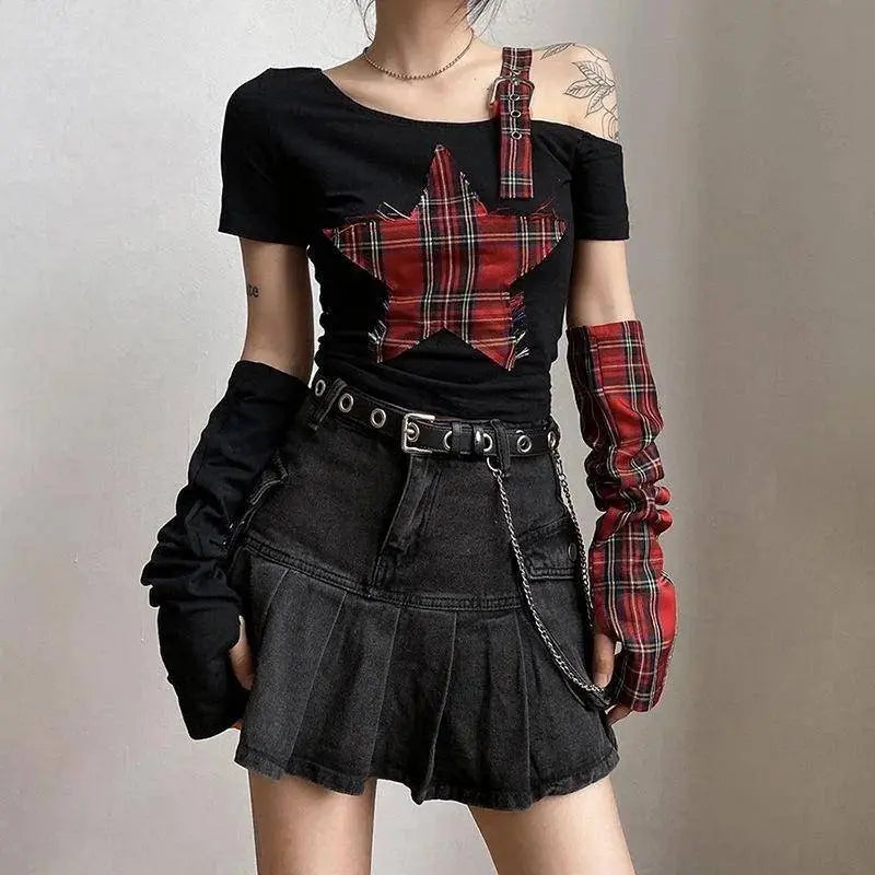 Classic Asymmetrical Women's Grunge Punk Arm Gloves Cold Shoulder Red Star Pattern Black Crop Top Y2k E-girl T-shirt - Tophatter Daily Deals