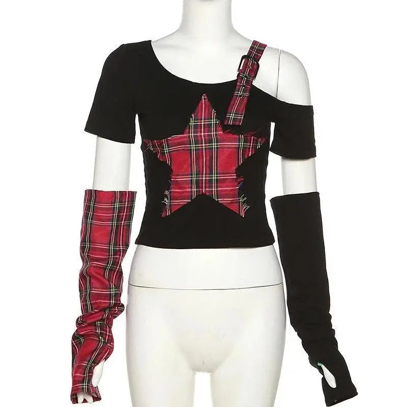 Classic Asymmetrical Women's Grunge Punk Arm Gloves Cold Shoulder Red Star Pattern Black Crop Top Y2k E-girl T-shirt - Tophatter Daily Deals