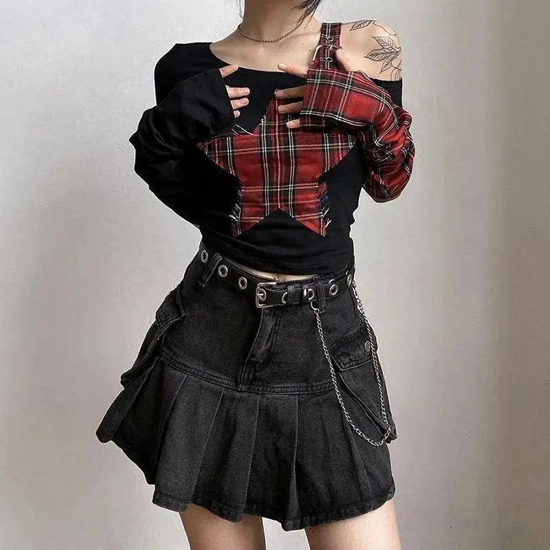 Classic Asymmetrical Women's Grunge Punk Arm Gloves Cold Shoulder Red Star Pattern Black Crop Top Y2k E-girl T-shirt - Tophatter Daily Deals