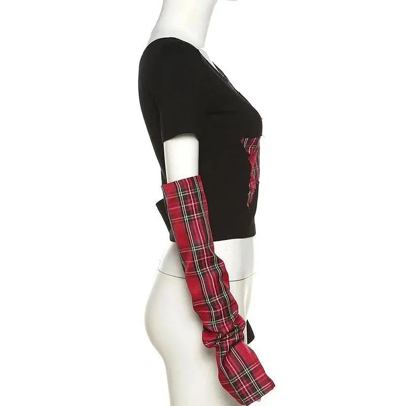 Classic Asymmetrical Women's Grunge Punk Arm Gloves Cold Shoulder Red Star Pattern Black Crop Top Y2k E-girl T-shirt - Tophatter Daily Deals