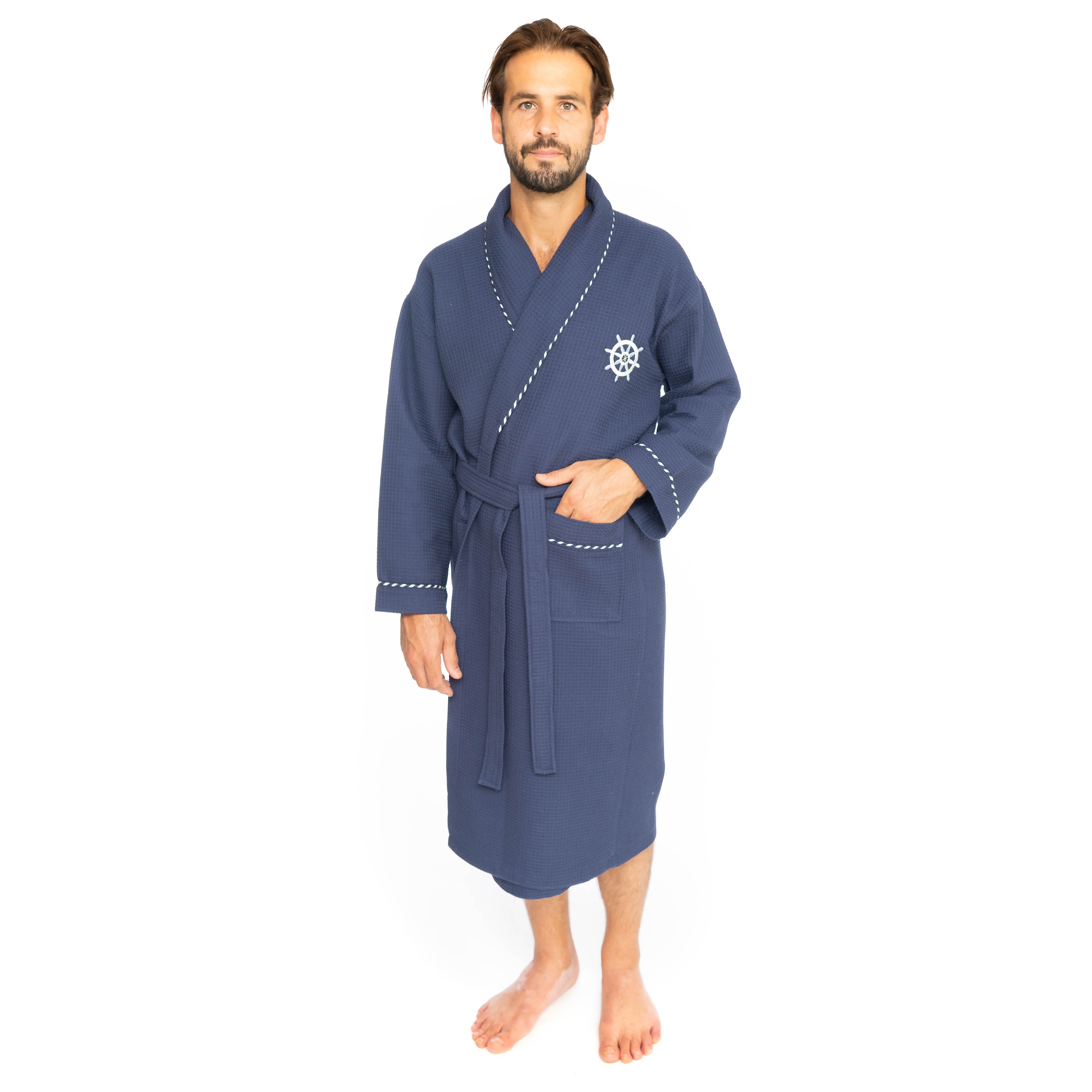 Classic Turkish Cotton Nautical Sailor Waffle Unisex Bathrobes Robes - Tophatter Daily Deals