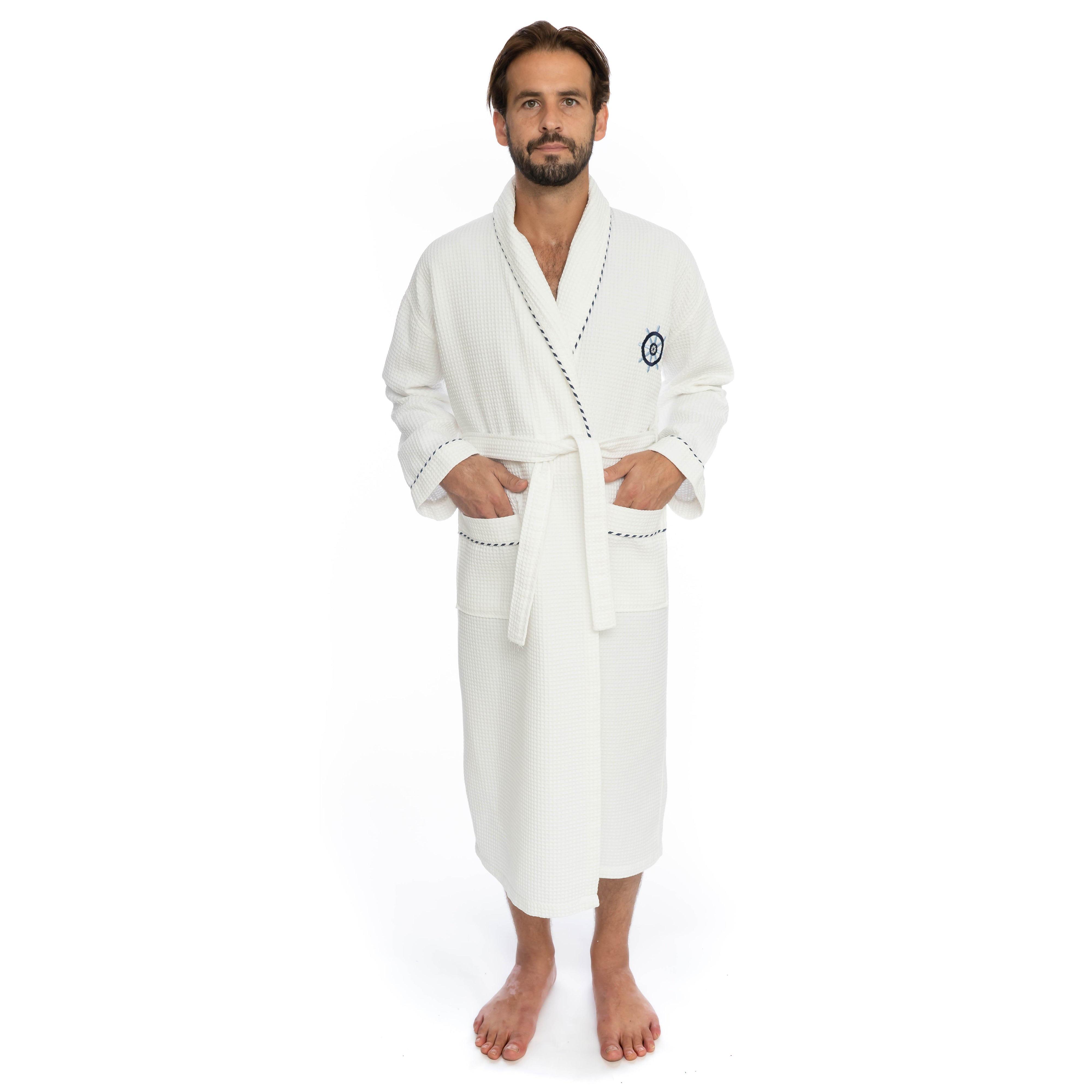 Classic Turkish Cotton Nautical Sailor Waffle Unisex Bathrobes Robes - Tophatter Daily Deals