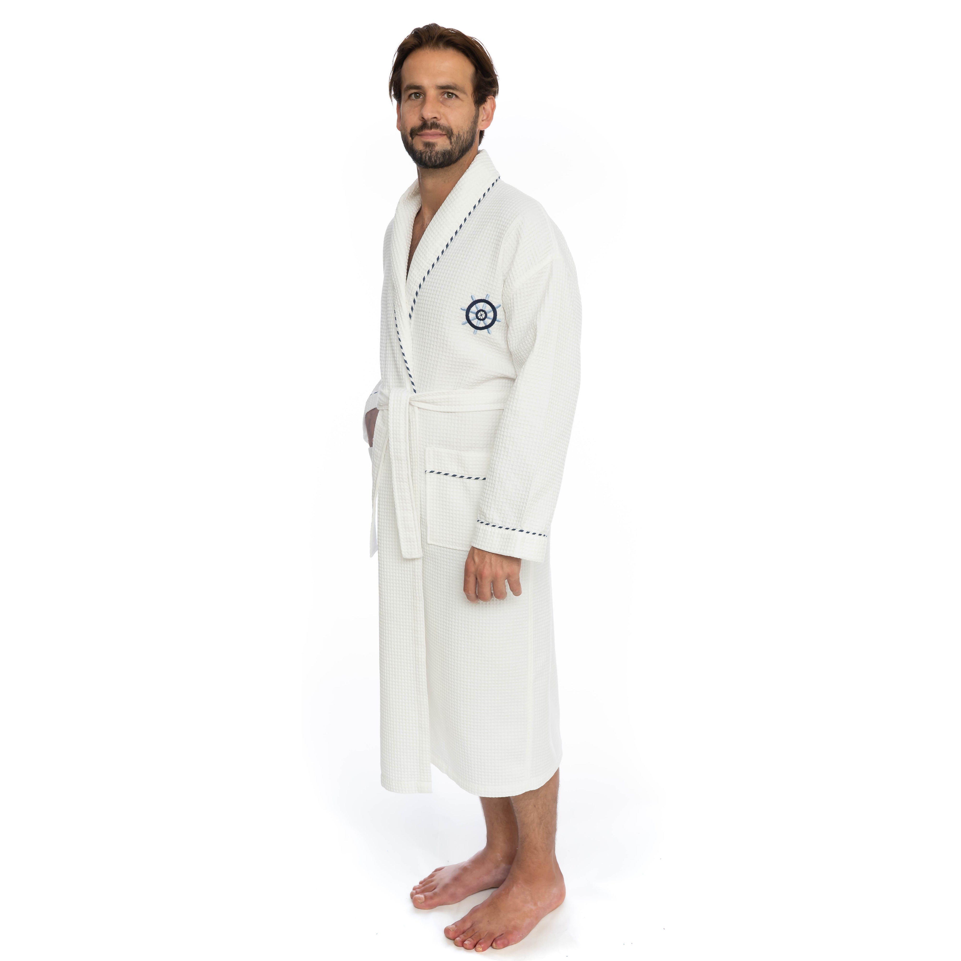 Classic Turkish Cotton Nautical Sailor Waffle Unisex Bathrobes Robes - Tophatter Daily Deals
