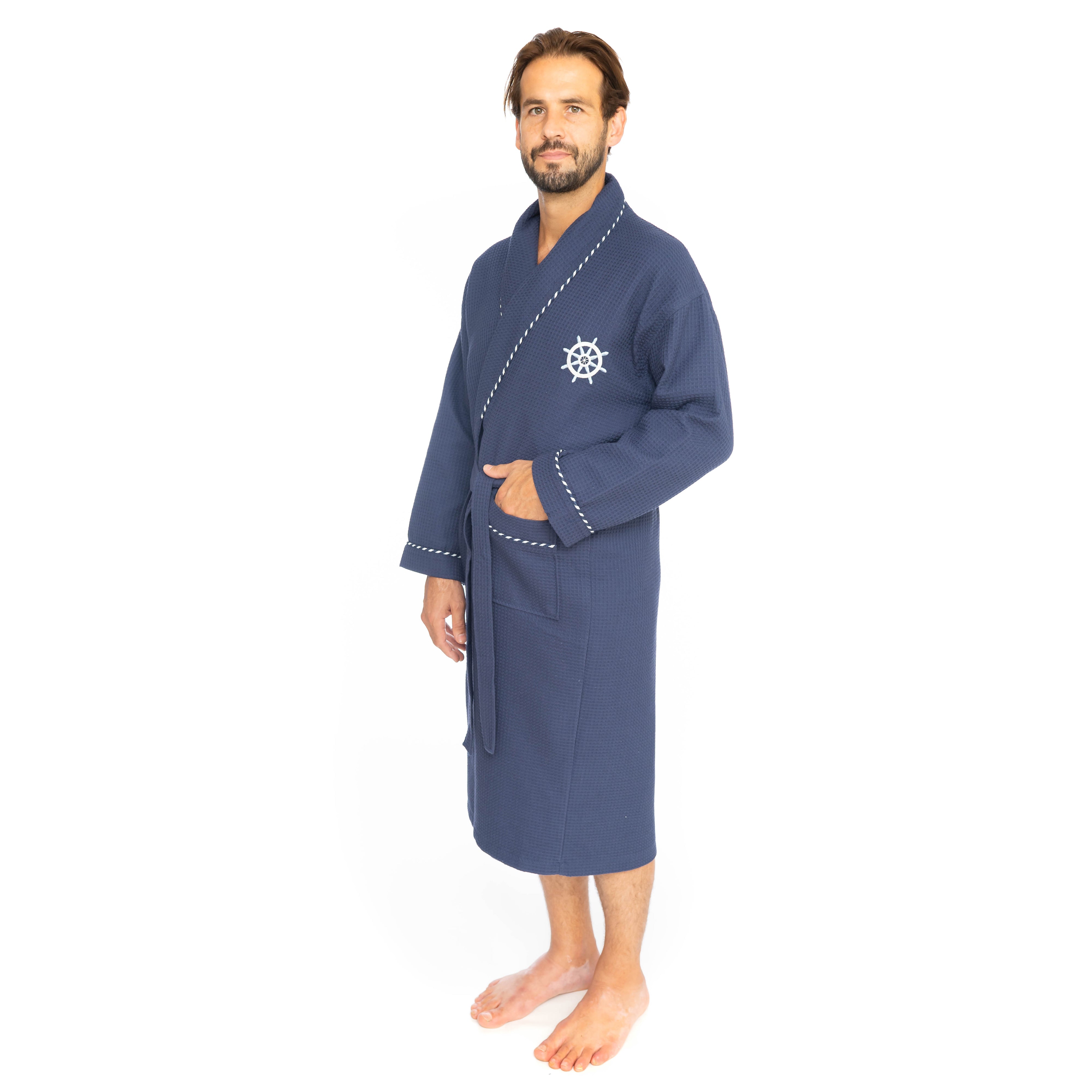 Classic Turkish Cotton Nautical Sailor Waffle Unisex Bathrobes Robes - Tophatter Daily Deals