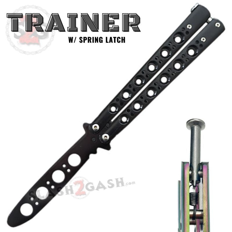 Classic 6 Hole Butterfly Knife Trainer w/ Spring Latch Practice Balisong Black Knife-Balisong - Tophatter Daily Deals