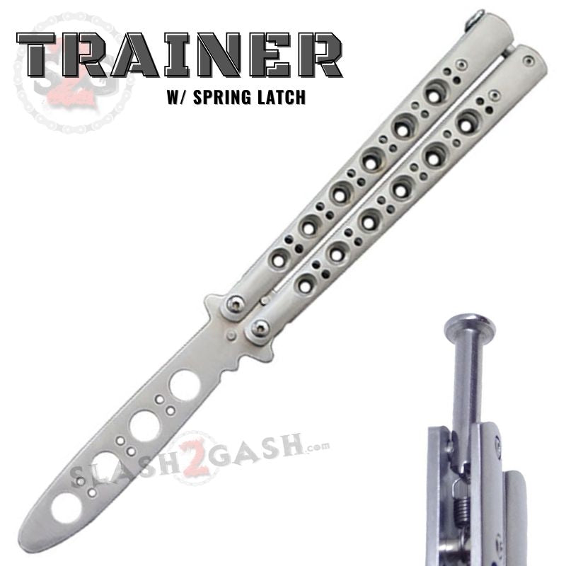 Classic 6 Hole Butterfly Knife Trainer w/ Spring Latch Practice Balisong Silver Knife-Balisong - Tophatter Daily Deals