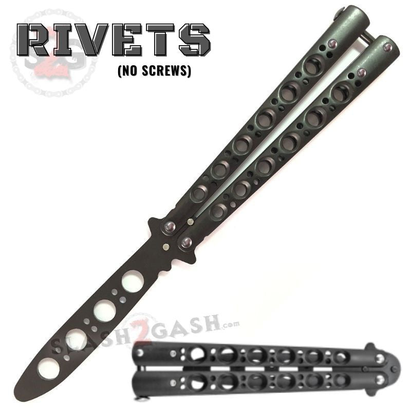 Classic 6 Hole Butterfly Knife Trainer Practice Balisong (Riveted) - asst. Black w Black Blade Knife-Balisong - Tophatter Daily Deals