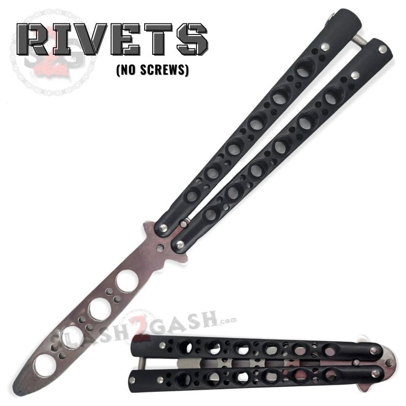 Classic 6 Hole Butterfly Knife Trainer Practice Balisong (Riveted) - asst. Black w Silver Blade Knife-Balisong - Tophatter Daily Deals