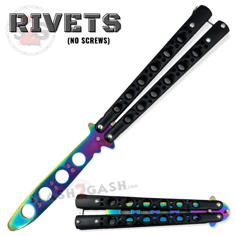 Classic 6 Hole Butterfly Knife Trainer Practice Balisong (Riveted) - asst. Black w Rainbow Blade Knife-Balisong - Tophatter Daily Deals