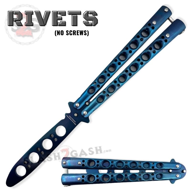 Classic 6 Hole Butterfly Knife Trainer Practice Balisong (Riveted) - asst. Blue w Blue Blade Knife-Balisong - Tophatter Daily Deals