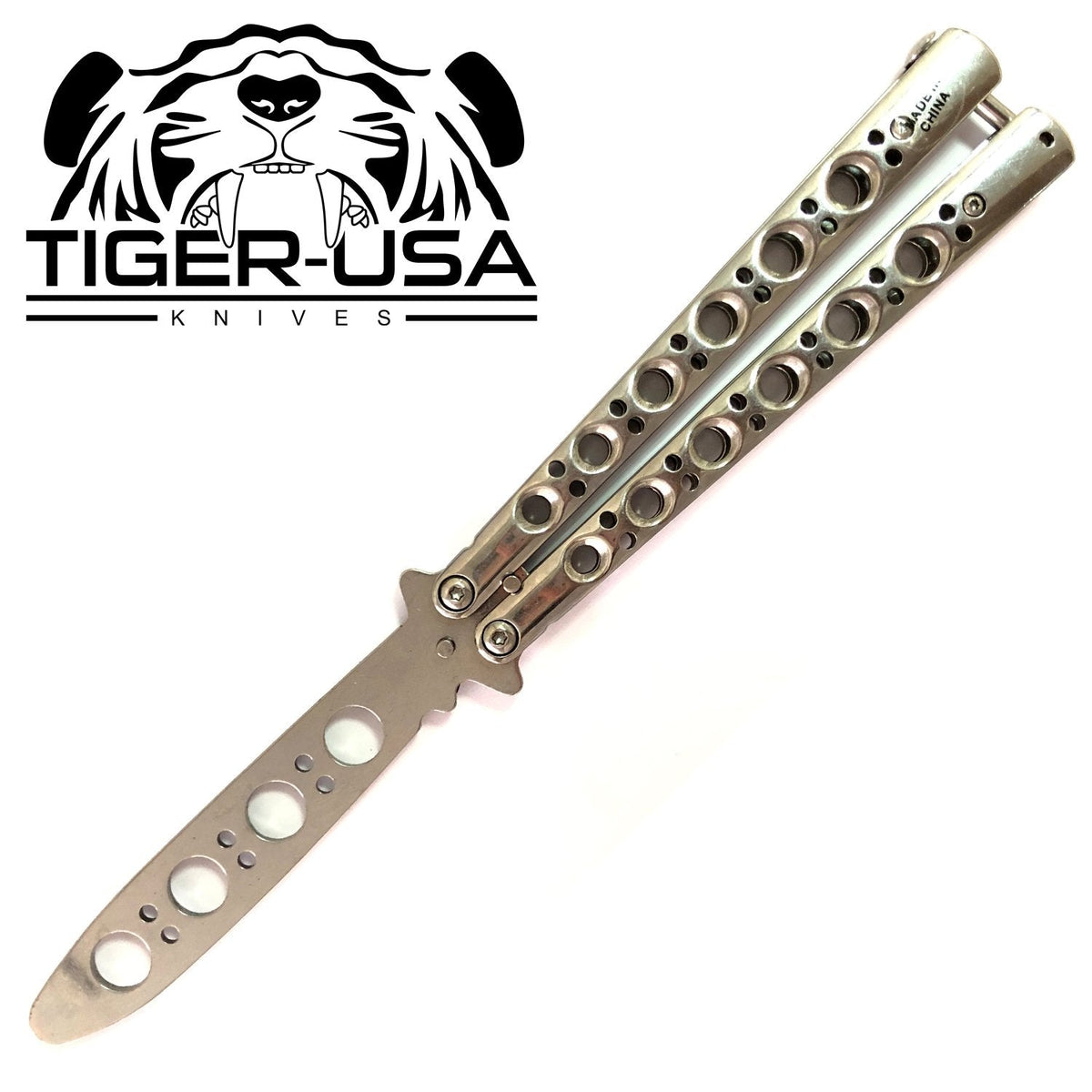 Classic 6 Hole Butterfly Knife Trainer w/ Spring Latch Practice Balisong Mirror Chrome Knife-Balisong - Tophatter Daily Deals